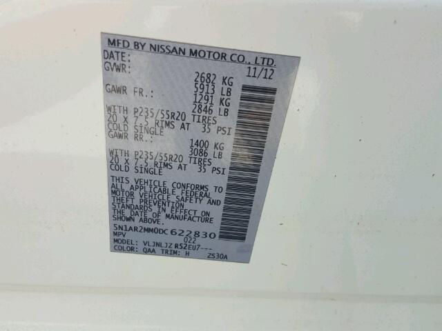 5N1AR2MM0DC622830 - 2013 NISSAN PATHFINDER WHITE photo 10