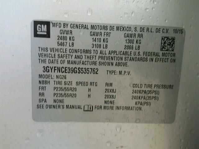 3GYFNCE39GS535762 - 2016 CADILLAC SRX PERFOR SILVER photo 10