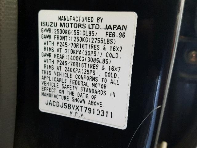 JACDJ58VXT7910311 - 1996 ISUZU TROOPER S BLACK photo 10