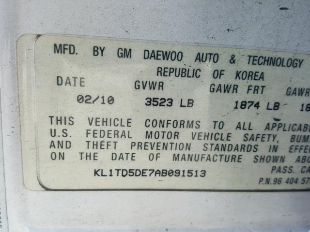 KL1TD5DE7AB091513 - 2010 CHEVROLET AVEO LS WHITE photo 10