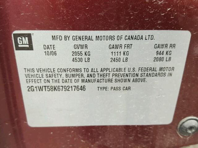 2G1WT58K679217646 - 2007 CHEVROLET IMPALA LT BURGUNDY photo 10