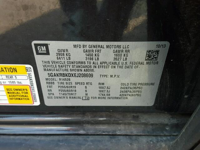 5GAKRBKDXEJ208609 - 2014 BUICK ENCLAVE გრაფიტი ფოტო 10