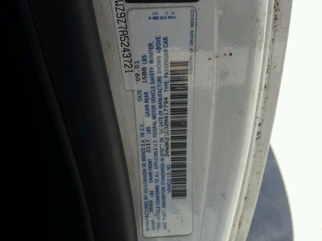 3VWBK21C32M417794 - 2002 VOLKSWAGEN NEW BEETLE 白色 照片 10