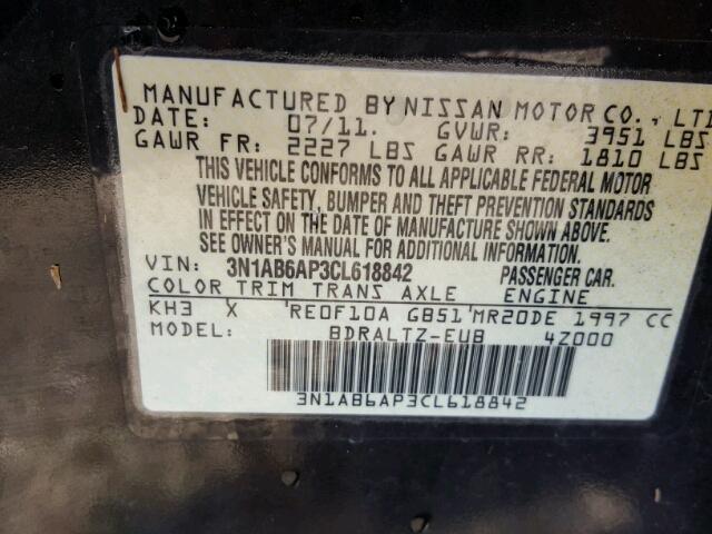 3N1AB6AP3CL618842 - 2012 NISSAN SENTRA BLACK photo 10