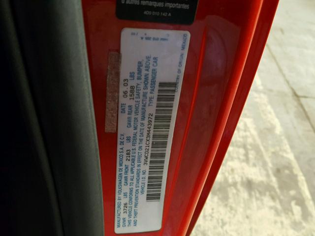 3VWCD21CX3M443972 - 2003 VOLKSWAGEN NEW BEETLE 红色 照片 10
