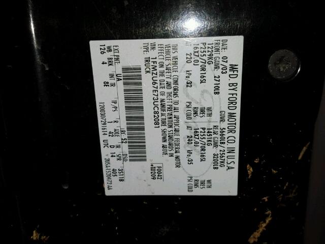 1FMZU67E73UC82081 - 2003 FORD EXPLORER S BLACK photo 10