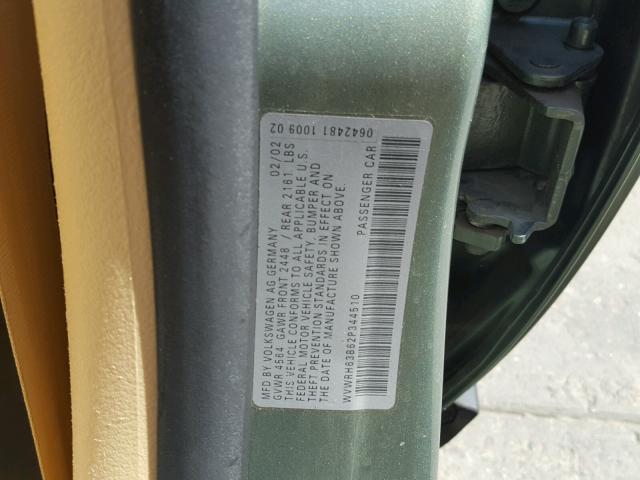 WVWRH63B62P344510 - 2002 VOLKSWAGEN PASSAT GLX GREEN photo 10