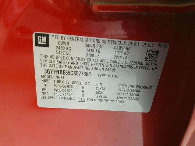 3GYFNBE35CS577866 - 2012 CADILLAC SRX PERFOR 红色 照片 10