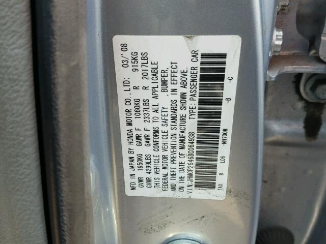 JHMCP26468C064938 - 2008 HONDA ACCORD LXP SILVER photo 10