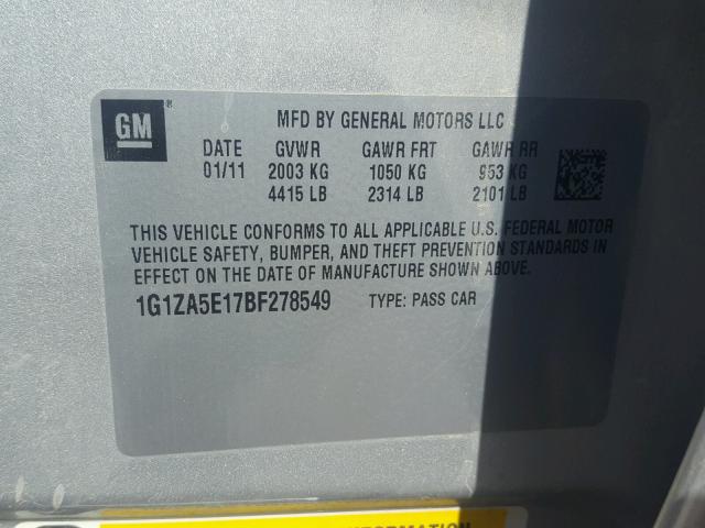 1G1ZA5E17BF278549 - 2011 CHEVROLET MALIBU LS GRAY photo 10