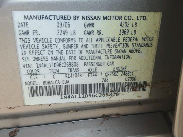 1N4AL11D96C269808 - 2006 NISSAN ALTIMA TAN photo 10