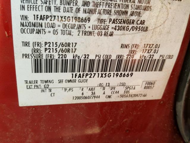 1FAFP271X5G198669 - 2005 FORD FIVE HUNDR RED photo 10