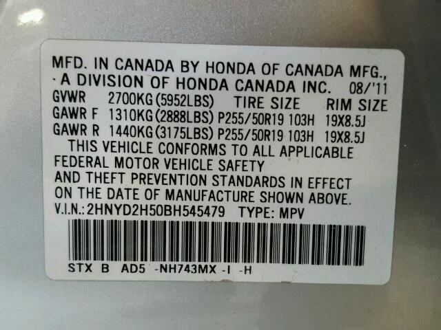 2HNYD2H50BH545479 - 2011 ACURA MDX SILVER photo 10