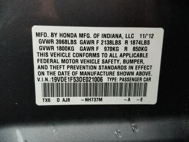 19VDE1F53DE021006 - 2013 ACURA ILX 20 PRE GRAY photo 10