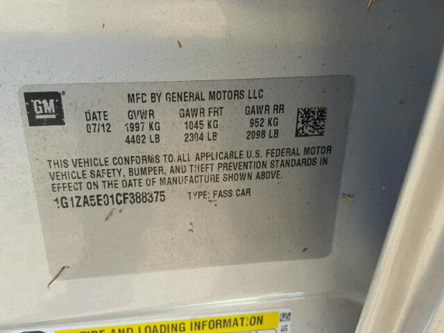 1G1ZA5E01CF388375 - 2012 CHEVROLET MALIBU LS ვერცხლისფერი ფოტო 10