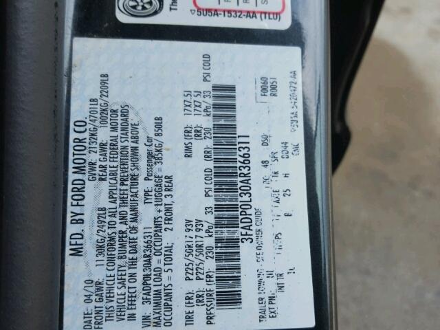 3FADP0L30AR366311 - 2010 FORD FUSION GRAY photo 10