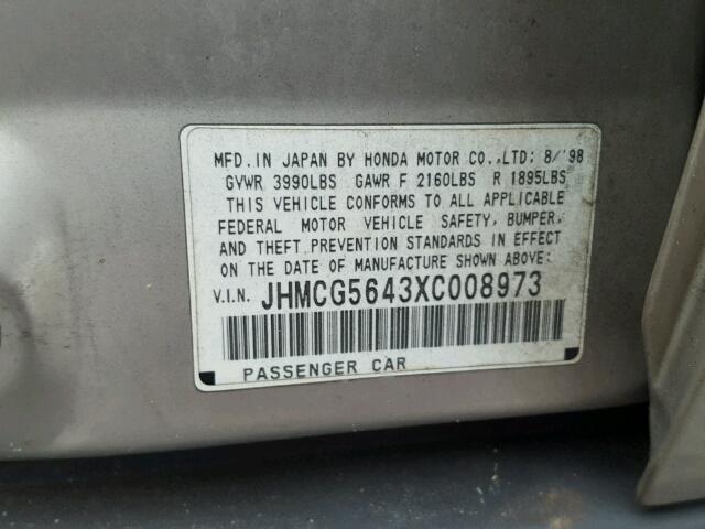 JHMCG5643XC008973 - 1999 HONDA ACCORD LX SILVER photo 10