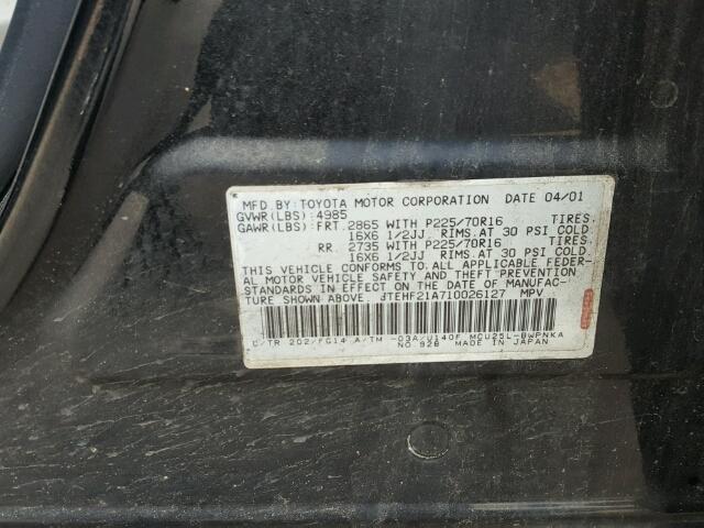 JTEHF21A710026127 - 2001 TOYOTA HIGHLANDER BLACK photo 10