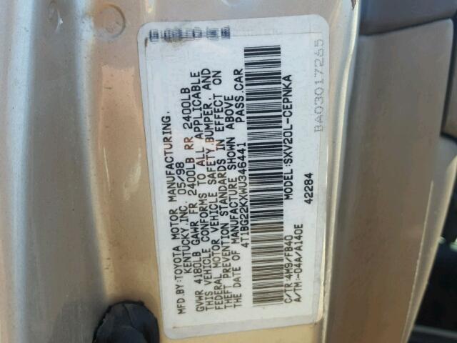 4T1BG22KXWU346441 - 1998 TOYOTA CAMRY TAN photo 10