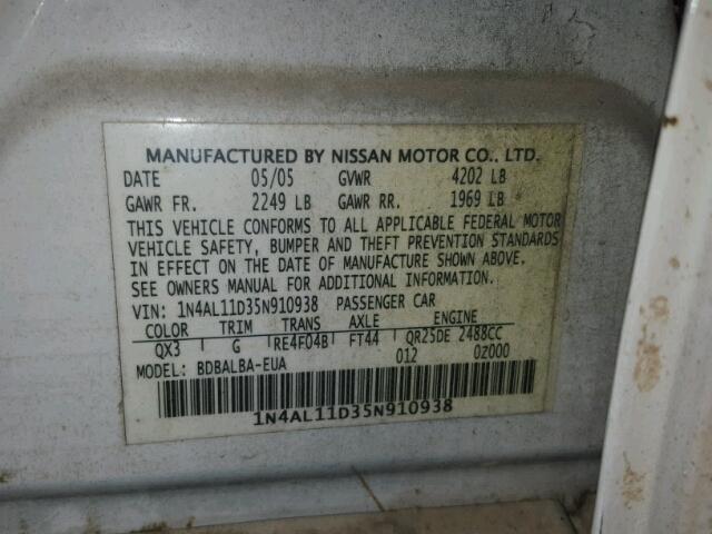 1N4AL11D35N910938 - 2005 NISSAN ALTIMA S WHITE photo 10