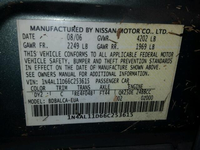 1N4AL11D66C253615 - 2006 NISSAN ALTIMA S TEAL photo 10