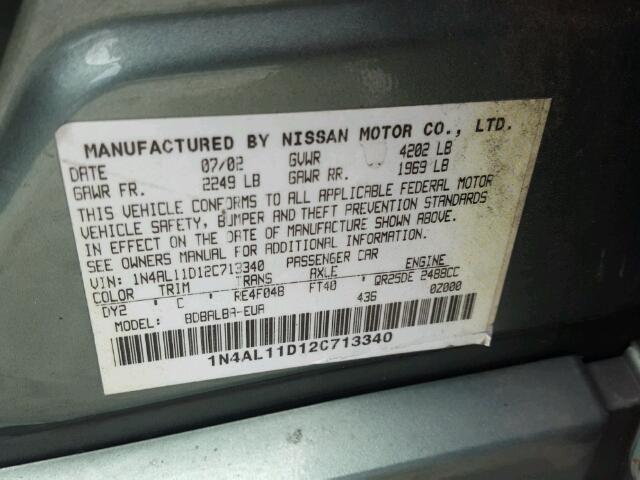 1N4AL11D12C713340 - 2002 NISSAN ALTIMA GREEN photo 10