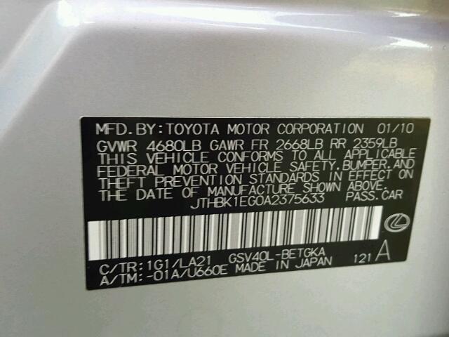 JTHBK1EG0A2375633 - 2010 LEXUS ES SILVER photo 10