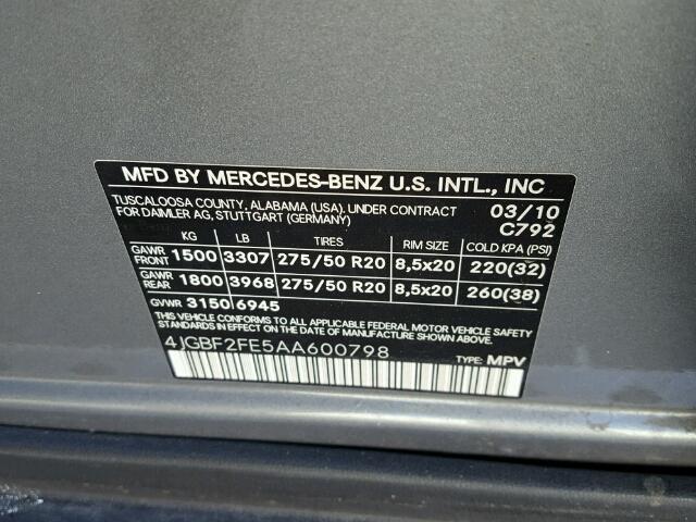 4JGBF2FE5AA600798 - 2010 MERCEDES-BENZ GL 350 BLU SILVER photo 10