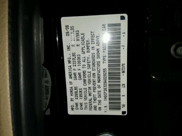 1HGCP26329A029255 - 2009 HONDA ACCORD LX BLACK photo 10