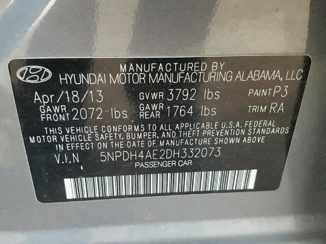 5NPDH4AE2DH332073 - 2013 HYUNDAI ELANTRA GL GRAY photo 10