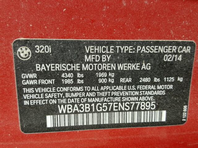 WBA3B1G57ENS77895 - 2014 BMW 320 I RED photo 10
