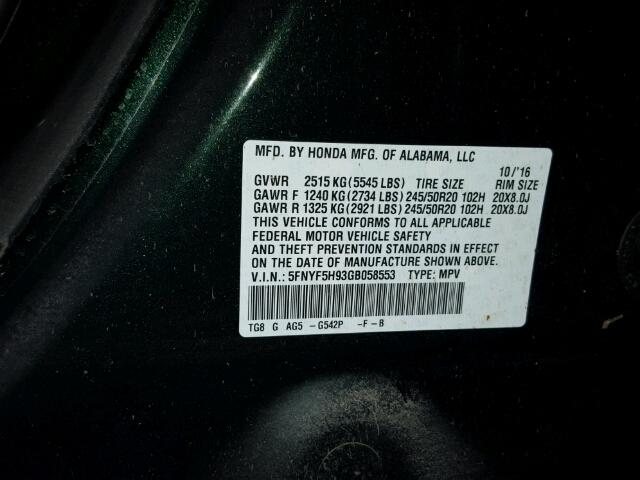 5FNYF5H93GB058553 - 2016 HONDA PILOT GREEN photo 9