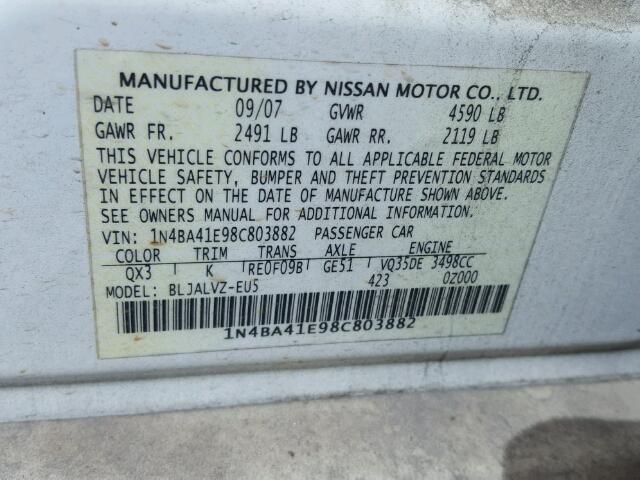 1N4BA41E98C803882 - 2008 NISSAN MAXIMA SE WHITE photo 10