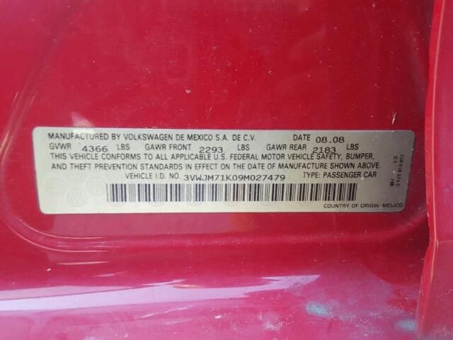 3VWJM71K09M027479 - 2009 VOLKSWAGEN JETTA S RED photo 10