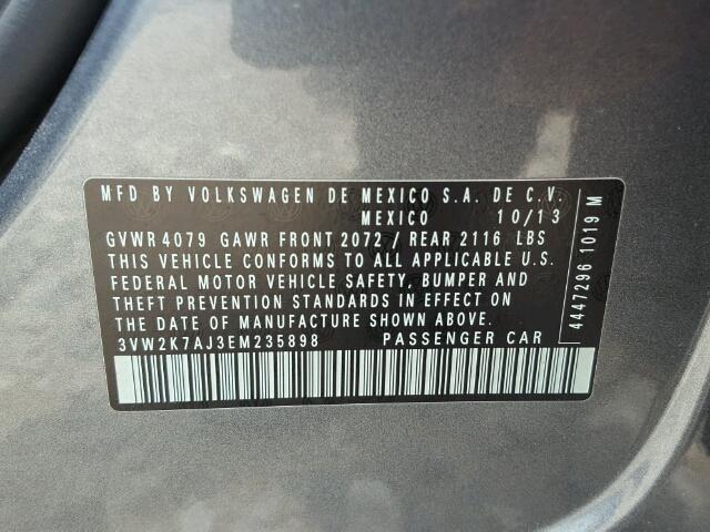 3VW2K7AJ3EM235898 - 2014 VOLKSWAGEN JETTA BASE 灰色 照片 10