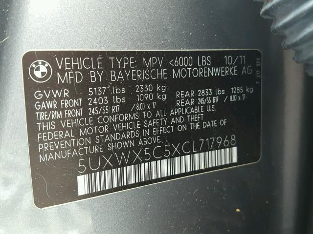 5UXWX5C5XCL717968 - 2012 BMW X3 XDRIVE2 GRAY photo 10
