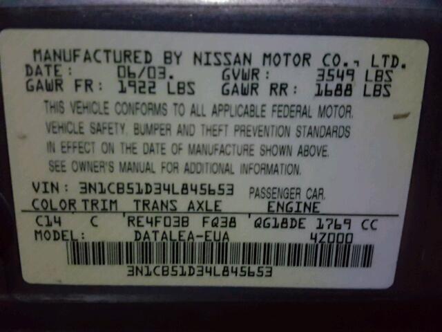 3N1CB51D34L845653 - 2004 NISSAN SENTRA GRAY photo 10