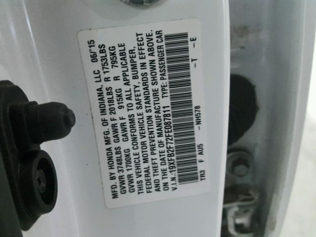 19XFB2F72FE087811 - 2015 HONDA CIVIC SE WHITE photo 10