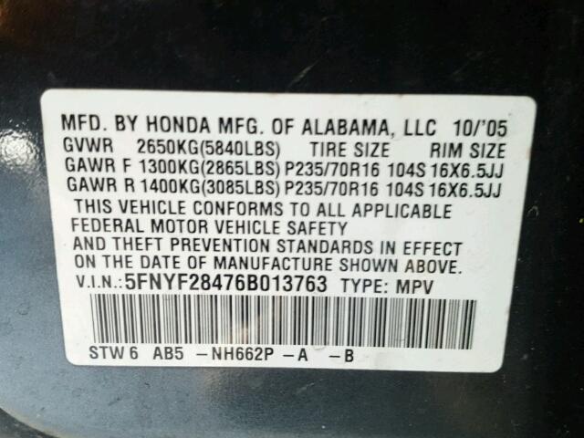 5FNYF28476B013763 - 2006 HONDA PILOT GRAY photo 10