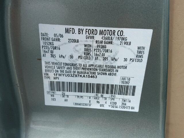 1FMYU03Z97KA15463 - 2007 FORD ESCAPE XLT GREEN photo 10