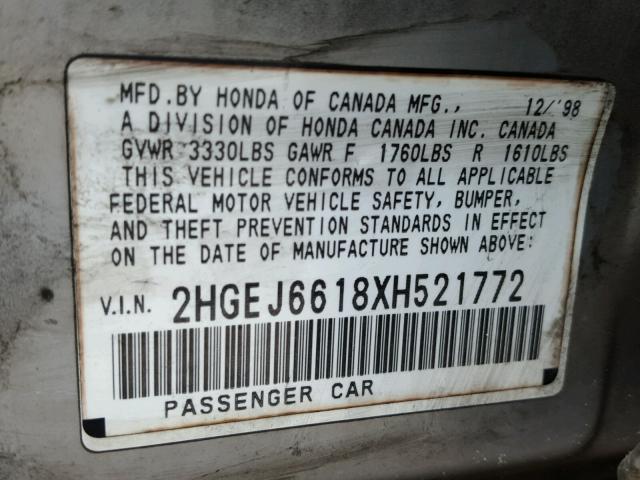 2HGEJ6618XH521772 - 1999 HONDA CIVIC BASE 银色 照片 10