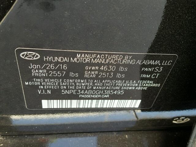 5NPE34AB0GH385495 - 2016 HYUNDAI SONATA SPO BLACK photo 10