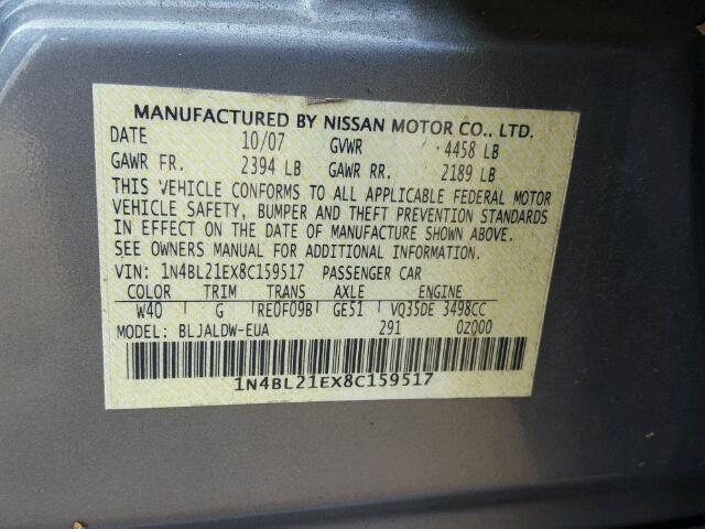 1N4BL21EX8C159517 - 2008 NISSAN ALTIMA 3.5 GRAY photo 10