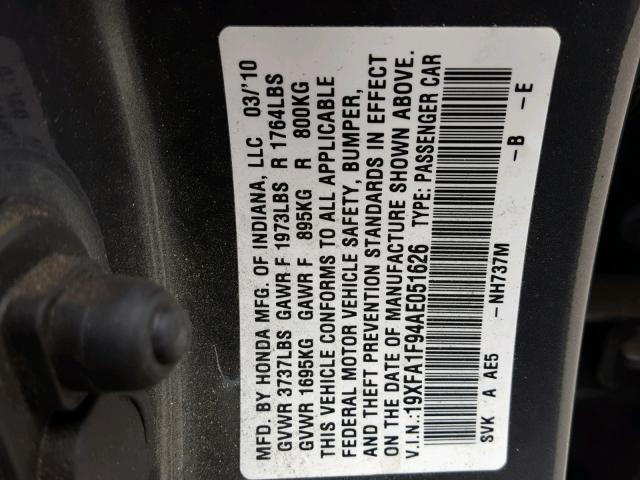 19XFA1F94AE051626 - 2010 HONDA CIVIC EXL 灰色 照片 10