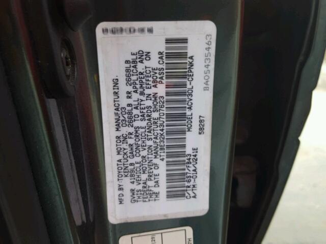 4T1BE32K43U707623 - 2003 TOYOTA CAMRY GREEN photo 10