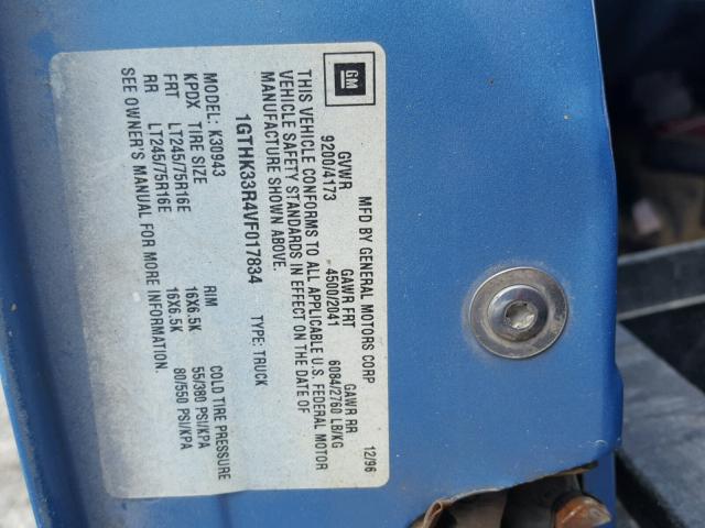 1GTHK33R4VF017834 - 1997 GMC SIERRA K35 BLUE photo 10