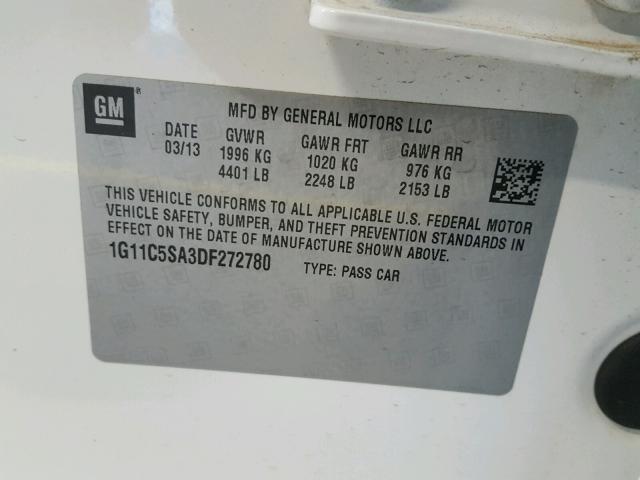 1G11C5SA3DF272780 - 2013 CHEVROLET MALIBU 1LT თეთრი ფოტო 10