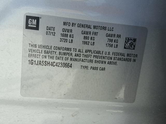 1G1JA5SH4C4230664 - 2012 CHEVROLET SONIC LS 银色 照片 10