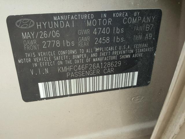 KMHFC46F26A128629 - 2006 HYUNDAI AZERA SE GOLD photo 10