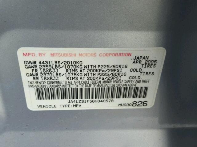 JA4LZ31F56U048578 - 2006 MITSUBISHI OUTLANDER GRAY photo 10